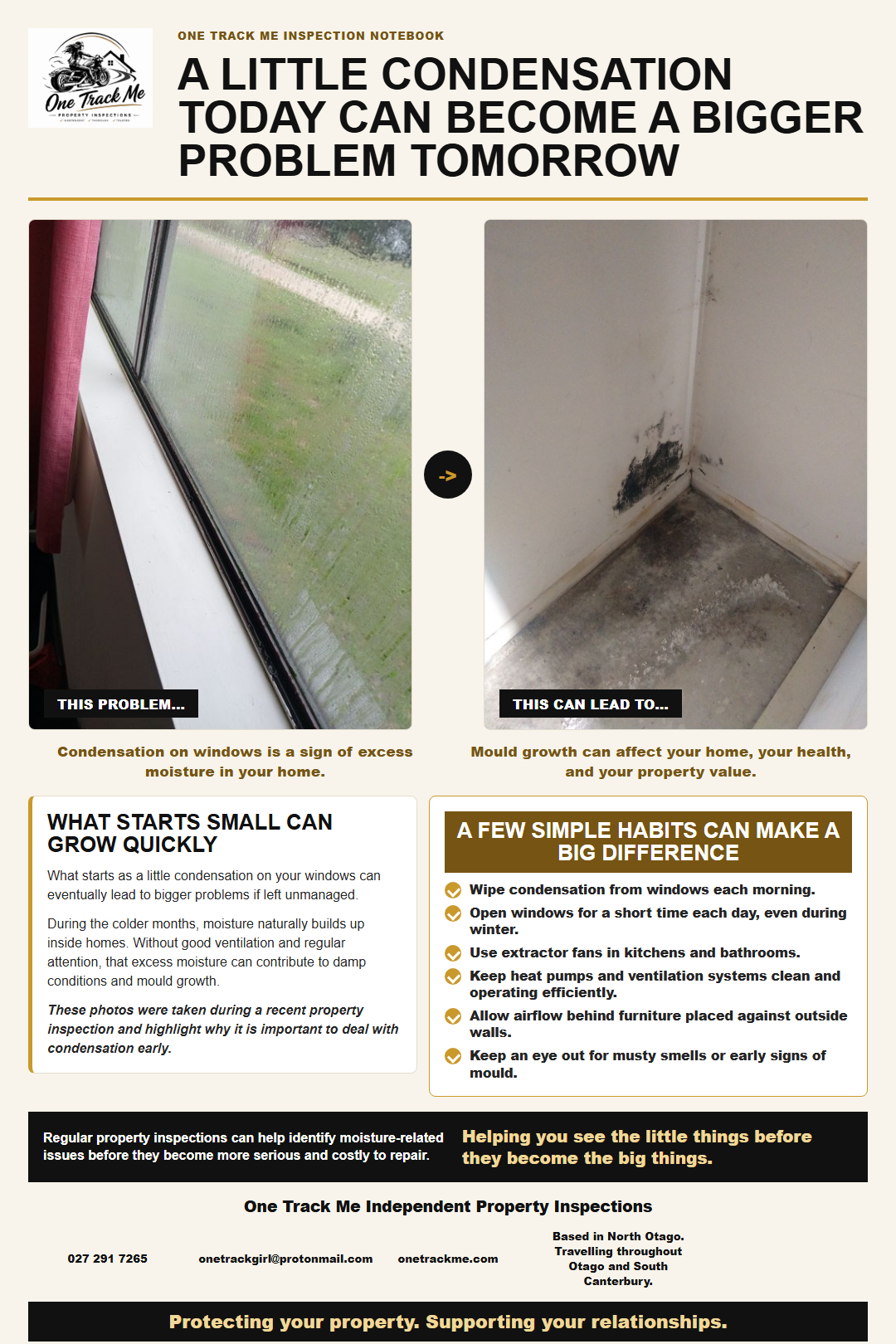 One Track Me inspection notebook poster about condensation on windows and mould risk
