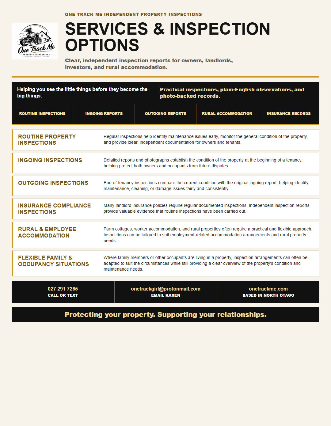 One Track Me services and inspection options flyer preview