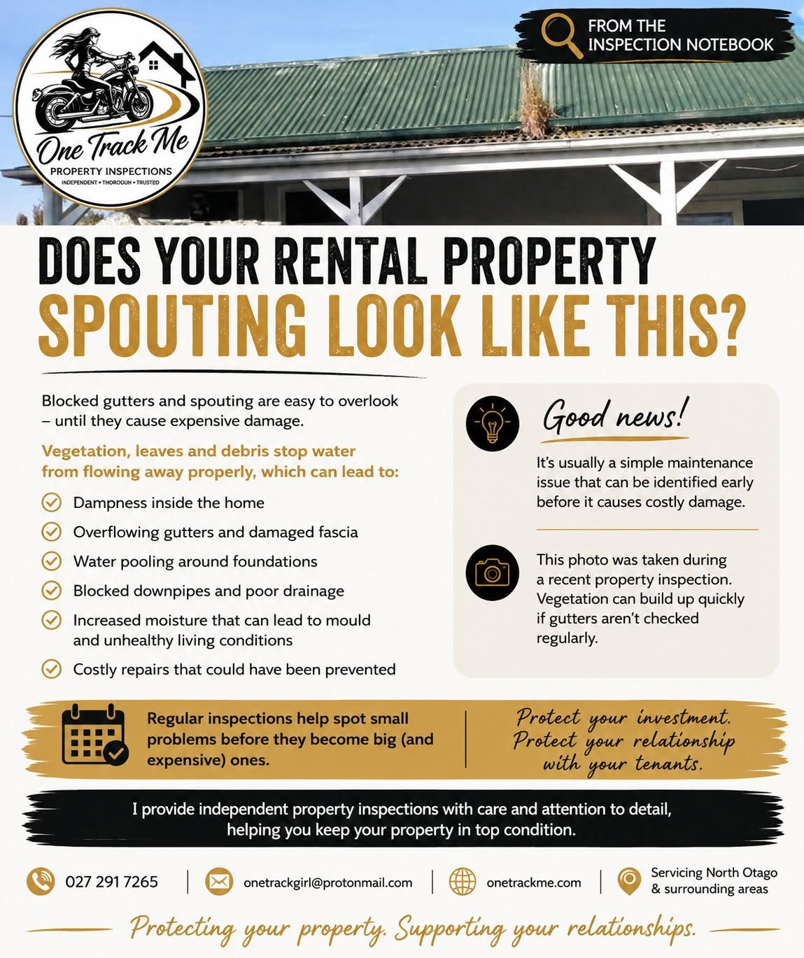 One Track Me inspection notebook poster about blocked rental property spouting and gutters
